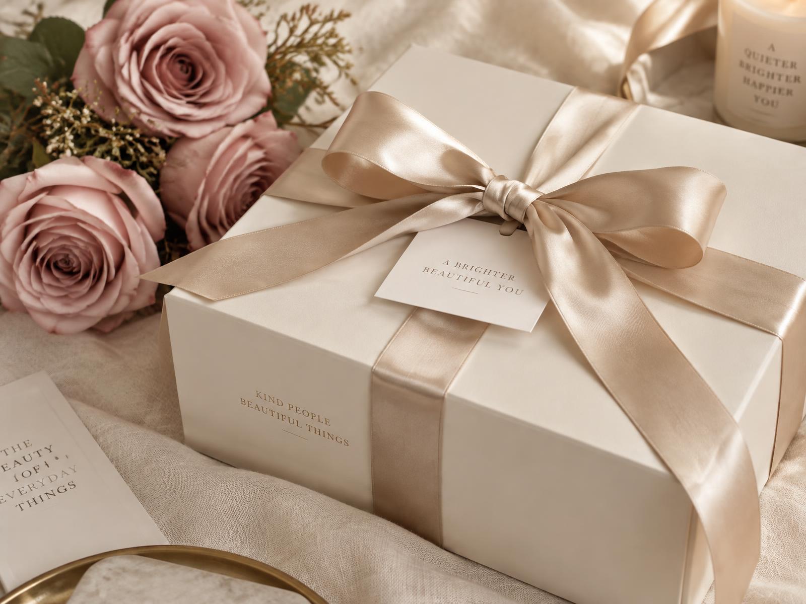An ivory gift box with champagne ribbon beside dusty pink roses
