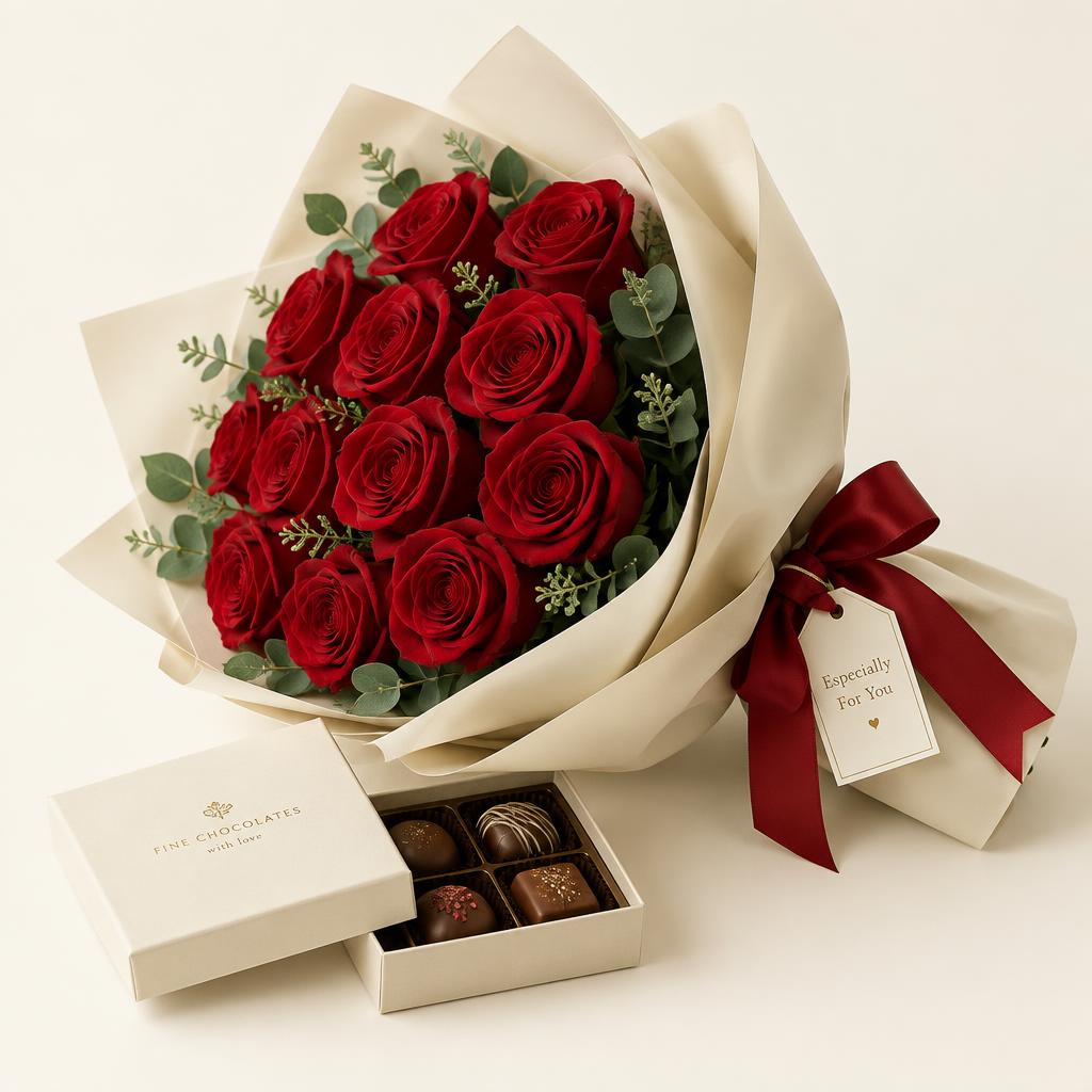 Red roses hand-wrapped in ivory paper beside a box of chocolates